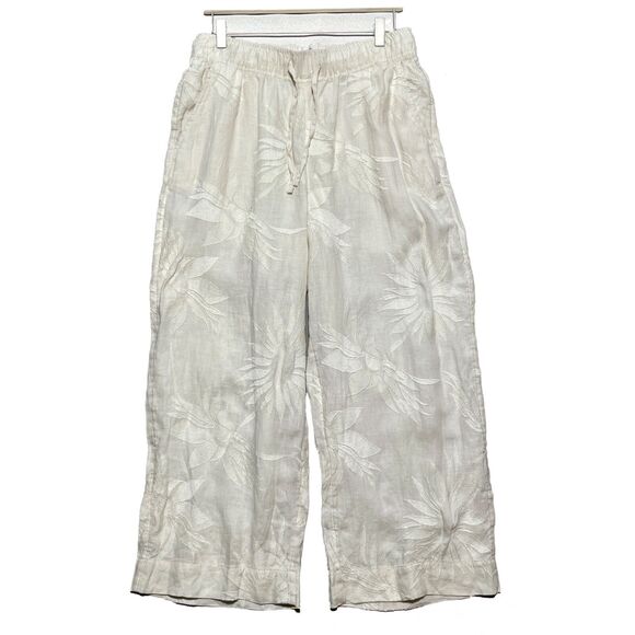 NWOT JOIE 100% Linen Wide Leg Pants Sz L Elastic Waist Drawstring Embroidered - Picture 1 of 5